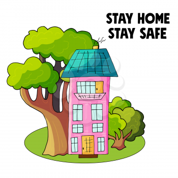Coronavirus precaution. Coronavirus in China. Novel coronavirus (2019-nCoV). Stay at home concept illustration with house and trees modern cute style. Stay home, Stay safe