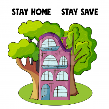 Coronavirus precaution. Coronavirus in China. Novel coronavirus (2019-nCoV). Stay at home concept illustration with house and trees modern cute style. Stay home, Stay safe poster
