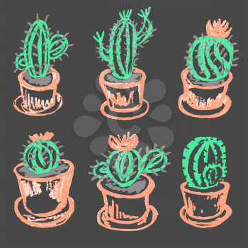 Cute childish drawing with colored chalk on a gray background. Pastel chalk or pencil funny doodle style vector. Cactus blooming flowerpots