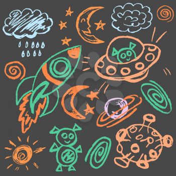 Cute childish drawing with colored chalk on a gray background. Pastel chalk or pencil funny doodle style vector. Outer space, ufo, rocket, moon