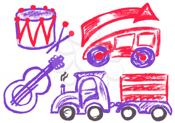 Cute childish drawing with wax crayons on a white background. Pastel chalk or pencil funny doodle style vector. Drum, guitar, race car, train