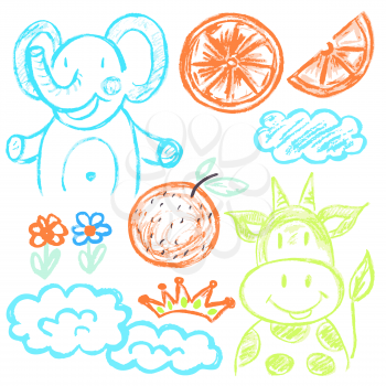 Cute childish drawing with wax crayons on a white background. Pastel chalk or pencil funny doodle style vector. Elephant, cow, oranges, clouds