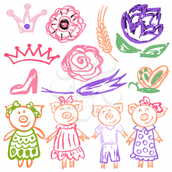 Cute childish drawing with wax crayons on a white background. Pastel chalk or pencil funny doodle style vector. Flowers, shoes, crown, pigs
