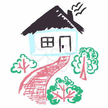 Cute childish drawing with wax crayons on a white background. Pastel chalk or pencil funny doodle style vector. House, heat, bushes, road