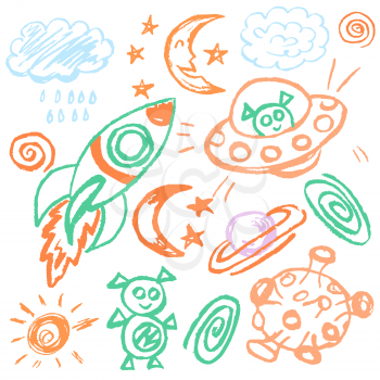 Cute childish drawing with wax crayons on a white background. Pastel chalk or pencil funny doodle style vector. Outer space, ufo, rocket, moon
