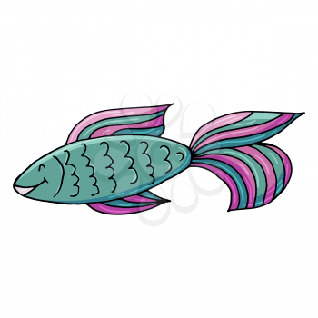 Cute fish. Marine theme icon in hand draw style. Cute childish illustration of sea life. Icon, badge, sticker, print for clothes