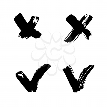 Doodle grunge style icon. Hand drawing paint, brush drawing. Isolated on a white background. Decorative element. Outline, line icon, cartoon illustration. Checkmark and cross icons set