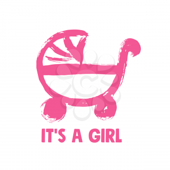 Hand drawing paint, brush drawing. Isolated on a white background. Doodle grunge style icon. Outline, line icon, cartoon illustration. Pink stroller icon. It's a girl
