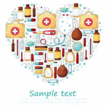 Heart Collection of vector illustrations, text. Set of doctor's tools in hand draw style. Ambulance doctor tools, medical case, medications, stethoscope, masks