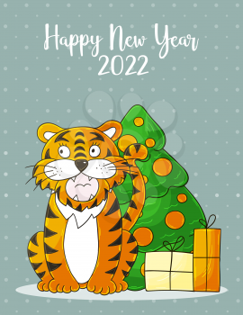 New year 2022. Symbol of 2022. New Year card in hand draw style. Christmas tree, gifts, tiger. Cartoon illustration for postcards, calendars, posters