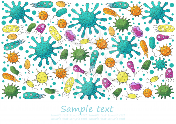 Rectangular flyer, banner. Set of cartoon microbes in hand draw style. Coronavirus, viruses, bacteria, microorganisms