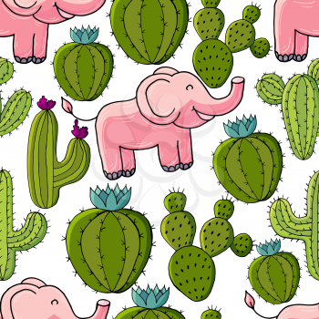 Seamless botanical illustration. Tropical pattern of different cacti, aloe. Elephants, flowering exotic plants