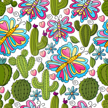 Seamless botanical illustration. Tropical pattern of different cacti, aloe, exotic animals. Butterflies, colorful flowers, hearts