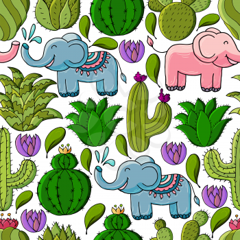 Seamless botanical illustration. Tropical pattern of different cacti, aloe, exotic animals. Elephants, colorful flowers