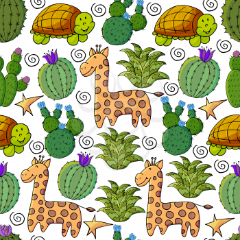Seamless botanical illustration. Tropical pattern of different cacti, aloe, exotic animals. Giraffe, turtle, colorful flowers