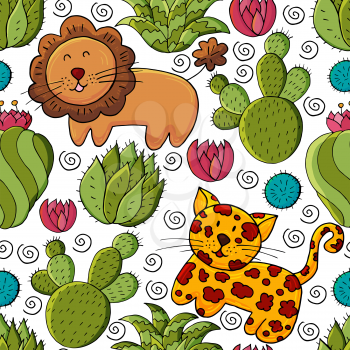 Seamless botanical illustration. Tropical pattern of different cacti, aloe, exotic animals. Lion, leopard, colorful flowers