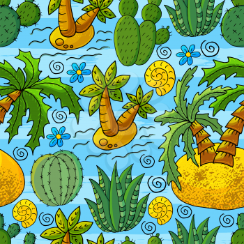 Seamless botanical illustration. Tropical pattern of different cacti, aloe, exotic animals. Shell, palm trees, flowers