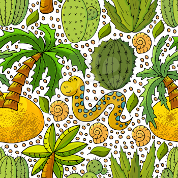 Seamless botanical illustration. Tropical pattern of different cacti, aloe, exotic animals. Shell, snake, palm trees, colorful flowers