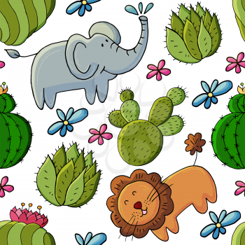 Seamless botanical illustration. Tropical pattern of different cacti, exotic animals. Lion, elephant, colorful flowers