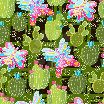 Seamless botanical illustration. Tropical pattern of various cacti, aloe. Butterfly, exotic plants