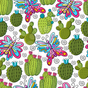 Seamless botanical illustration. Tropical pattern of various cacti, aloe. Butterfly, flowering exotic plants