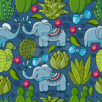 Seamless botanical illustration. Tropical pattern of various cacti, aloe. Elephants, bows, exotic plants
