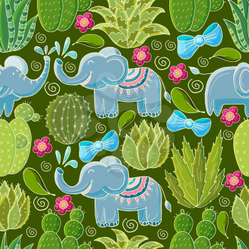 Seamless botanical illustration. Tropical pattern of various cacti, aloe. Elephants, flowering exotic plants, bows
