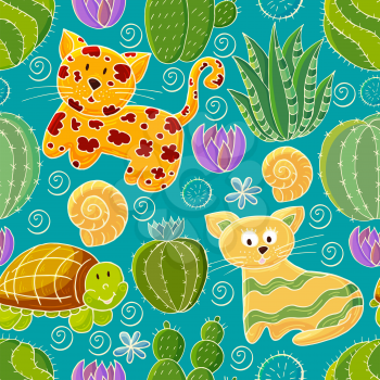 Seamless botanical illustration. Tropical pattern of various cacti, aloe. Leopard, cat, turtle colorful flowers