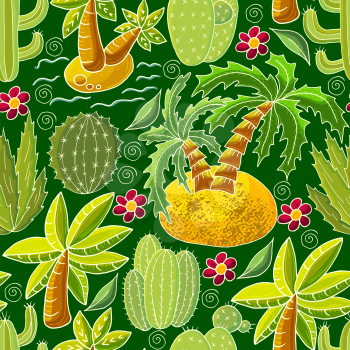 Seamless botanical illustration. Tropical pattern of various cacti, aloe. Palm trees, flowers, flowering exotic plants