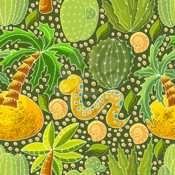 Seamless botanical illustration. Tropical pattern of various cacti, aloe. Palm trees, shells, flowering exotic plants, snake