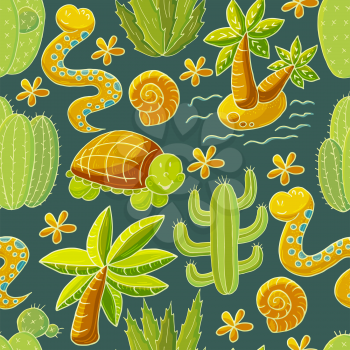 Seamless botanical illustration. Tropical pattern of various cacti, aloe. Snake, turtle, shells, flowering exotic plants