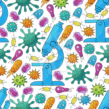 Seamless pattern bacteria and microbes. Search for viruses, microscope. Cartoon microbes in hand draw style. Coronavirus, microorganisms