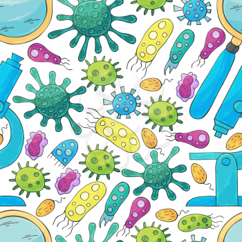 Seamless pattern bacteria and microbes. Search for viruses, microscope, magnifier. Cartoon microbes in hand draw style. Coronavirus, viruses, bacteria