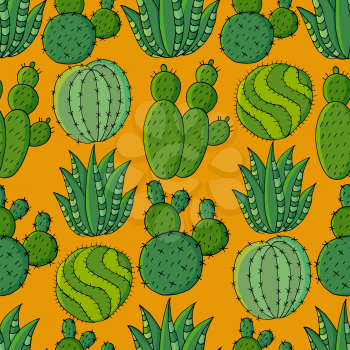 Seamless pattern of different cacti. Cute vector background of exotic plants. Tropical wallpaper in green colors. The trendy image