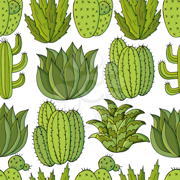 Seamless pattern of different cacti. Cute vector background of exotic plants. Tropical wallpaper in green colors. The trendy image is ideal for fabrics, design creativity