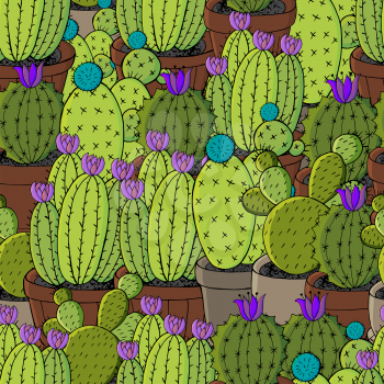 Seamless pattern of different cacti. Cute vector background of exotic plants. Tropical wallpaper in green colors. Trendy image is ideal for design