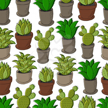 Seamless pattern of different cacti. Cute vector background of flowerpots. Tropical wallpaper in green colors. The trendy image is ideal for fabrics, backgrounds, design creativity
