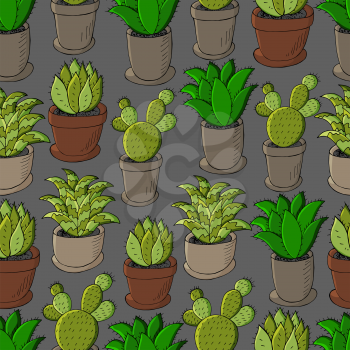 Seamless pattern of different cacti. Cute vector background of flowerpots. Tropical wallpaper in green colors. The trendy image is ideal for fabrics, design creativity