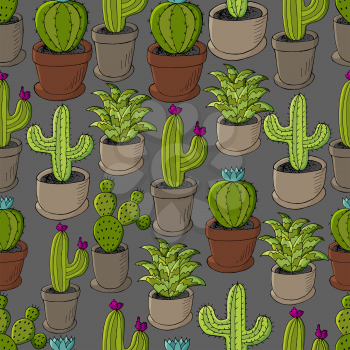 Seamless pattern of different cacti. Cute vector background of flowerpots. Tropical wallpaper in green colors. Trendy botanical illustration is ideal for design