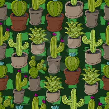 Seamless pattern of different cacti. Cute vector background of flowerpots. Tropical wallpaper in green colors. Trendy image, botanical illustration