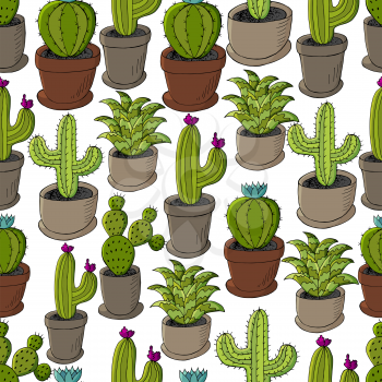 Seamless pattern of different cacti. Cute vector background of flowerpots. Tropical wallpaper in green colors. Trendy image is ideal for fabrics, design creativity
