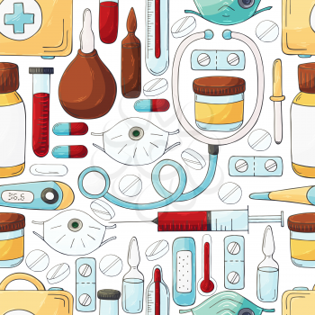 Seamless pattern on a white background. Cartoon medical instruments in hand draw style. Masks, medicines, medical case