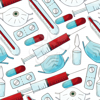 Seamless pattern on a white background. Cartoon medical instruments in hand draw style. Mask, syringe, pills