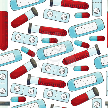 Seamless pattern on a white background. Cartoon medical instruments in hand draw style. Medical plaster, test tubes, pills