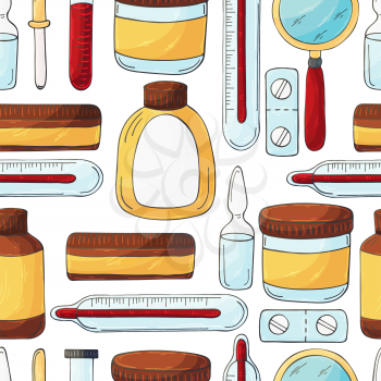 Seamless pattern on a white background. Cartoon medical instruments in hand draw style. Medicines, thermometer, pills