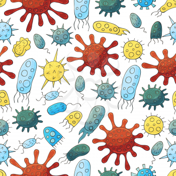 Seamless pattern with bacteria and viruses. Set of cartoon elements in hand draw style. Coronavirus