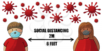 Cartoon man and woman observe social distance. Fight against coronavirus. Health concept