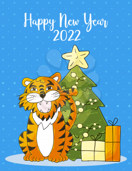 Symbol of 2022. Blue New Year card in hand draw style. Christmas tree, gifts, tiger. New year 2022. Cartoon illustration for postcards, calendars