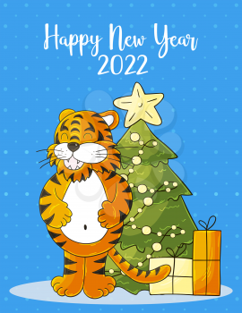 Symbol of 2022. Blue New Year card in hand draw style. Christmas tree, gifts, tiger. New year 2022. Cartoon illustration for postcards, calendars, posters