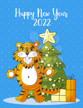 Symbol of 2022. Blue New Year card in hand draw style. Christmas tree, gifts, tiger. New year 2022. Cartoon illustration for postcards, calendars, posters, flyers